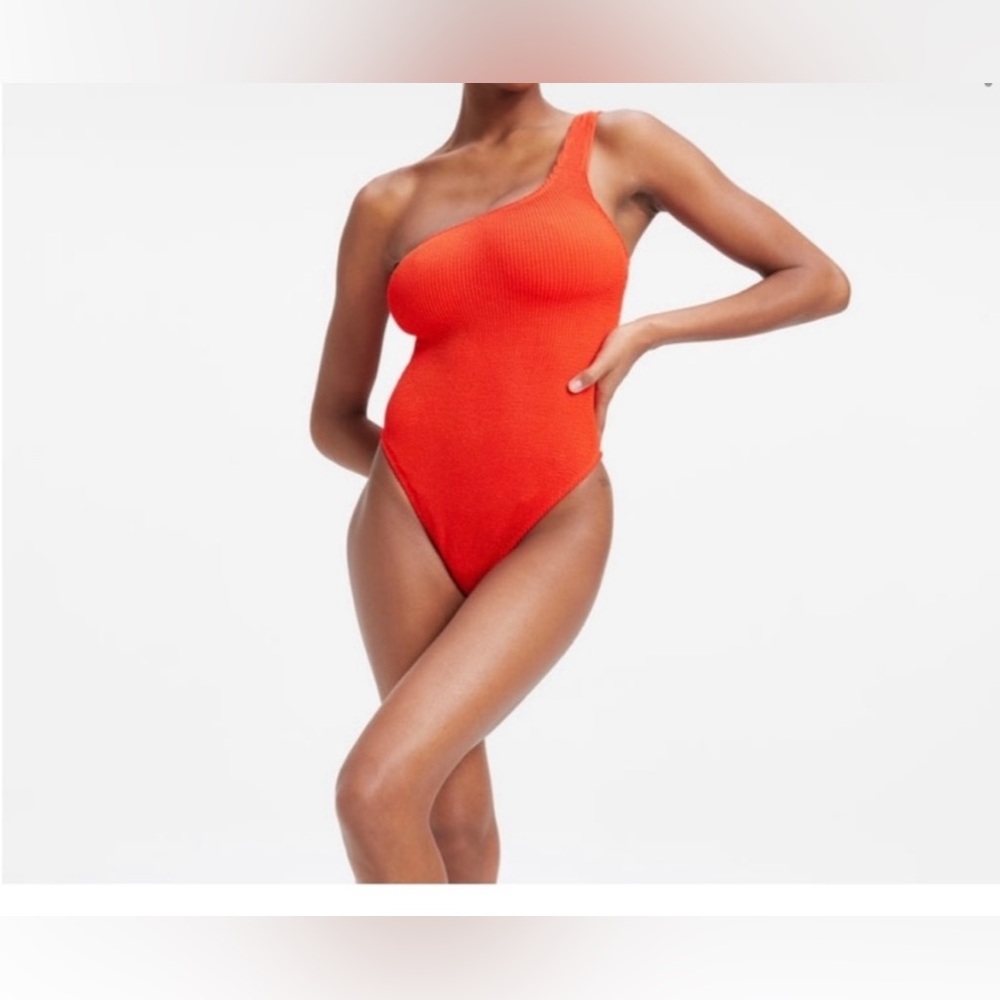 NWT, Good American ribbed one shoulder one swimsuit, sz 1/2, bright poppy